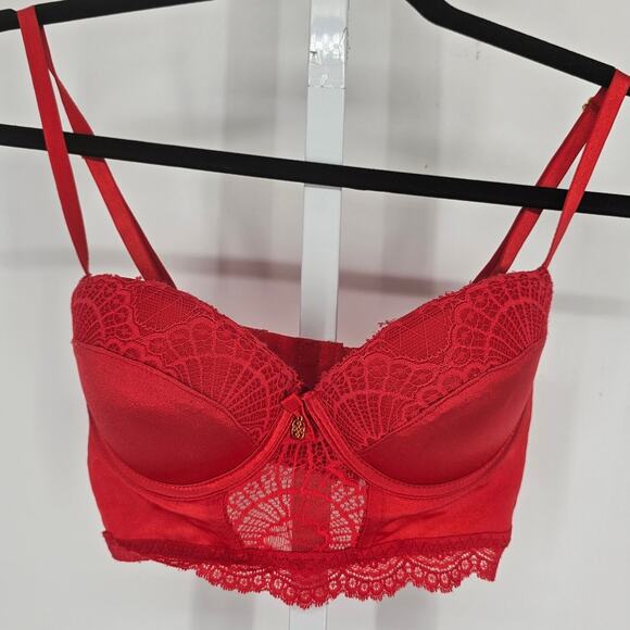Vintage Y2K Daisy Fuentes Womens Sz 34C Longline Bra Red Sexy Lace - Picture 1 of 4